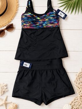 Reebok Women's Black Tankini with Multicolor Bust